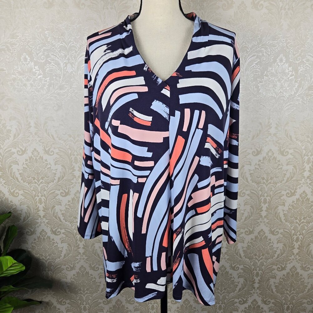 Worthington Woman Size 2X Vneck Blouse Abstract Stripes Colorful NWT